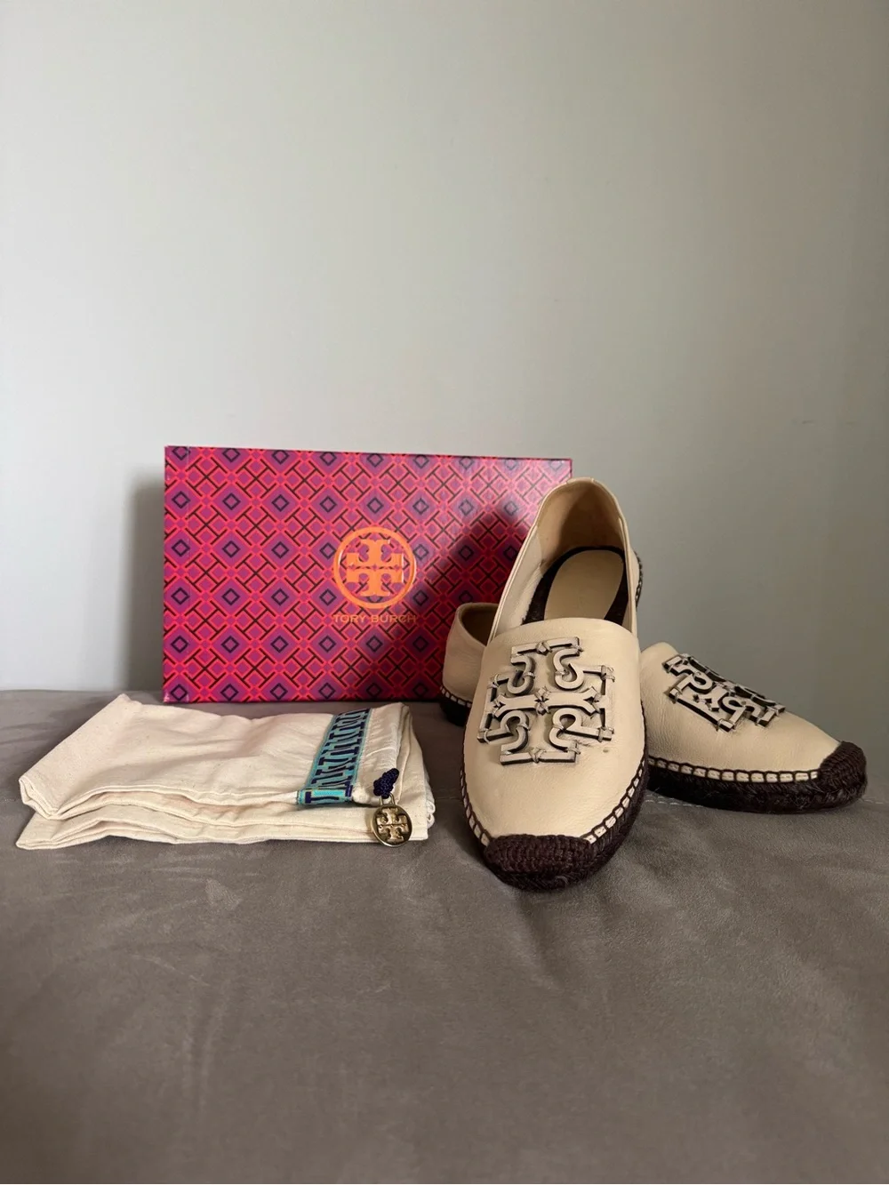 Tory Burch New Cream Espadrille with Turquoise Accent